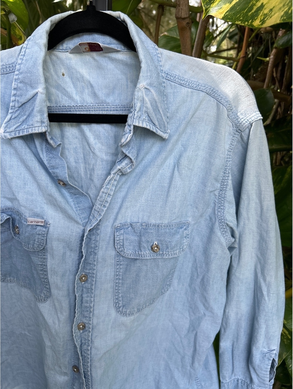 Distressed Carhartt Rugged Outdoor Wear Light Blue Denim Shirt